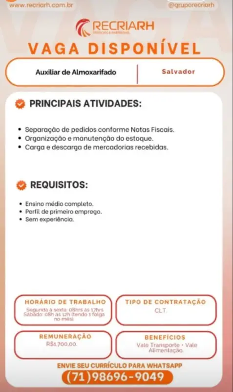 1 Vaga de emprego para Auxiliar De Almoxarifado sem experiência na empresa Recriarh em 10/09