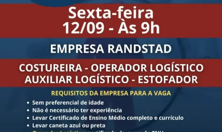 4 Vagas de emprego para Costureira, Operador Logística, Auxiliar Logístico E Estofador na empresa Randstad em 11/09