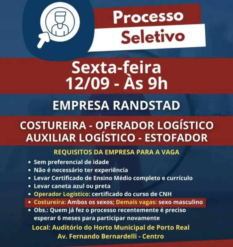 4 Vagas de emprego para Costureira, Operador Logística, Auxiliar Logístico E Estofador na empresa Randstad em 11/09