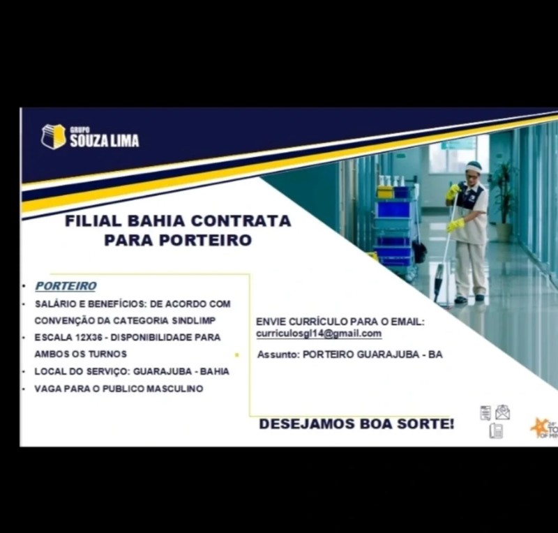 1 Vaga de emprego para Porteiro na empresa Grupo Souza Lima em 18/09