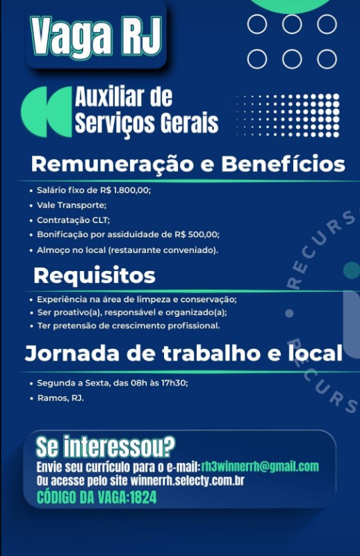 1 Vaga de emprego para Auxiliar De Serviços Gerais no Bairro Ramos em 18/09