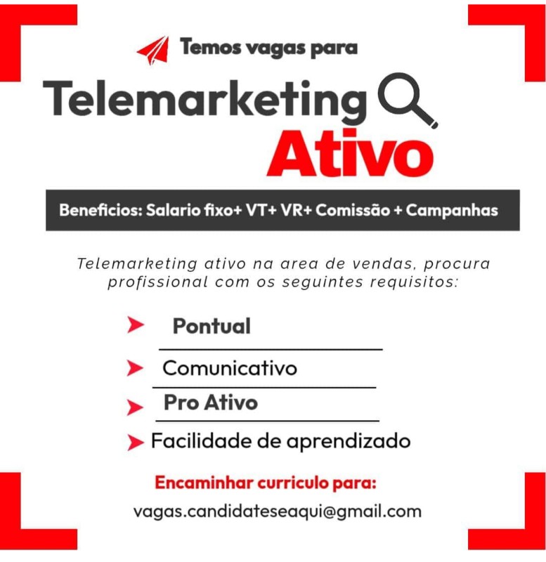 1 Vaga de emprego para Telemarketing Ativo na Cidade Salvador em 19/09