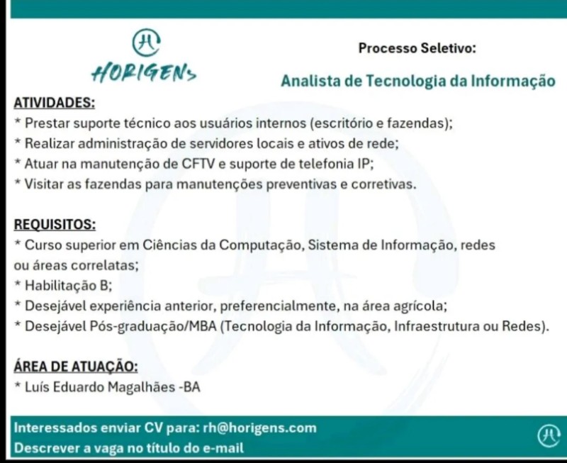 1 Vaga de emprego para Analista De Tecnologia Da Informação sem experiência na empresa Horigens em 18/09