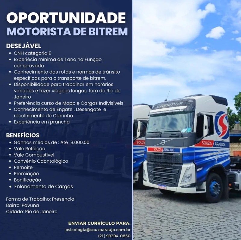 1 Vaga de emprego para Motorista De Bitrem na empresa Souza Araújo, Rio de Janeiro em 19/09