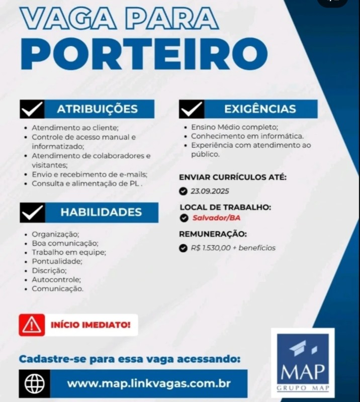 1 Vaga de emprego para Porteiro na empresa Map em 18/09