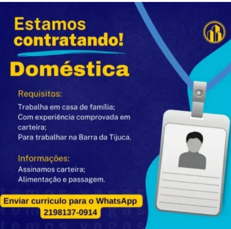 1 Vaga de emprego para Doméstica no Bairro Barra da Tijuca em 19/09
