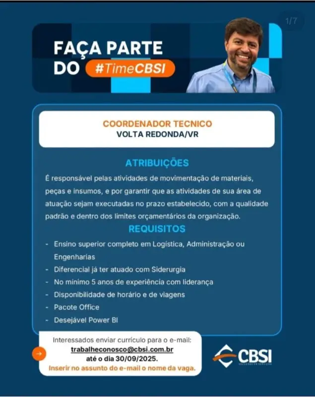 1 Vaga de emprego para Coordenador Técnico na empresa Cbsi em 09/09