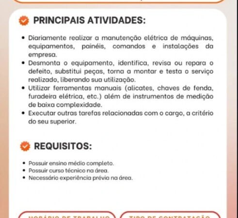 1 Vaga de emprego para Eletricista Industrial na empresa Recriarh em 10/09