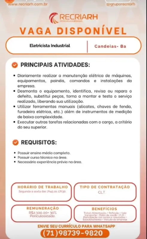1 Vaga de emprego para Eletricista Industrial na empresa Recriarh em 10/09