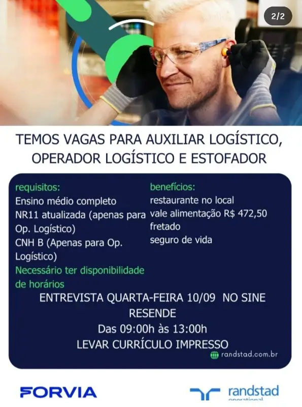 3 Vagas de emprego para Auxiliar Logístico, Operador Logístico, Estofador na empresa Randstad em 11/09