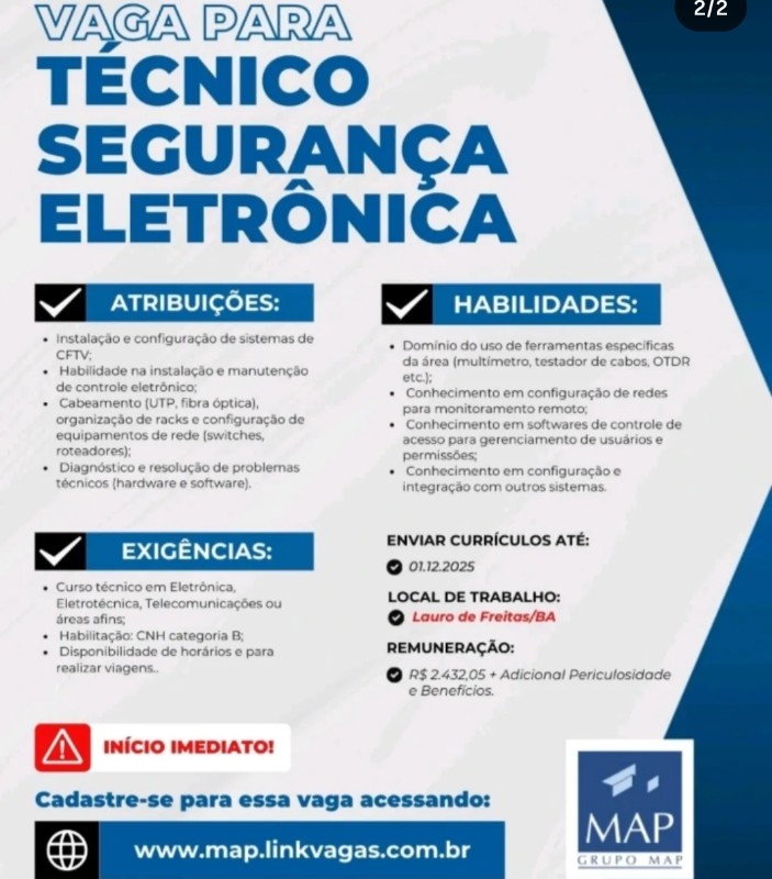 1 Vaga de emprego para Técnico De Segurança Eletrônica na empresa Map em 18/09