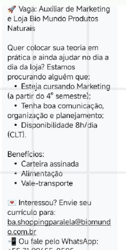 1 Vaga de emprego para Auxiliar De Marketing na empresa Loja Bio Mundo Produtos Naturais em 19/09