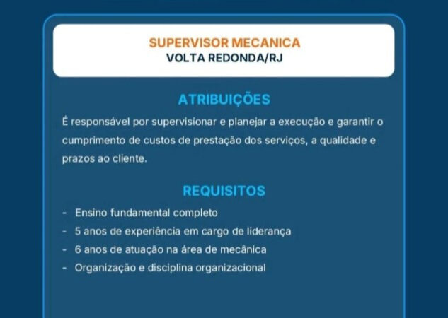 1 Vaga de emprego para Supervisor Mecânica na empresa Cbsi em 09/09