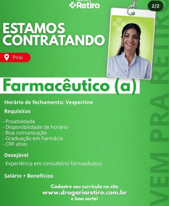 1 Vaga de emprego para Farmacêutico A na empresa Drogaria Retiro em 10/09