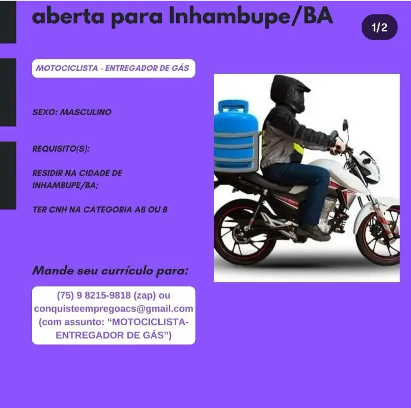 1 Vaga de emprego para Motociclista, Entregador De Gás no Bairro Inhambupe em 10/09