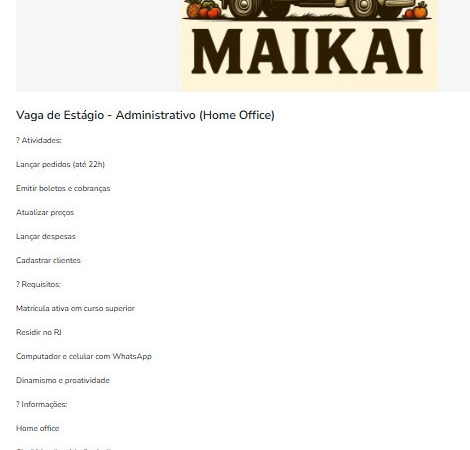 1 Vaga de emprego para Estágio Administrativo Home Office na empresa Makai Distribuidora em 11/09