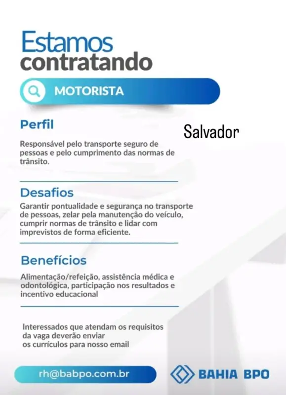 1 Vaga de emprego para Motorista na empresa Bahia BPO em 10/09