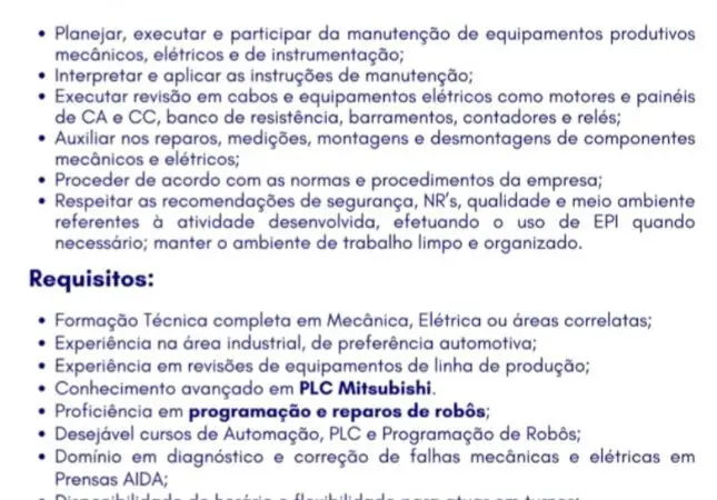 1 Vaga de emprego para Eletromecânico na empresa Yorozu em 11/09