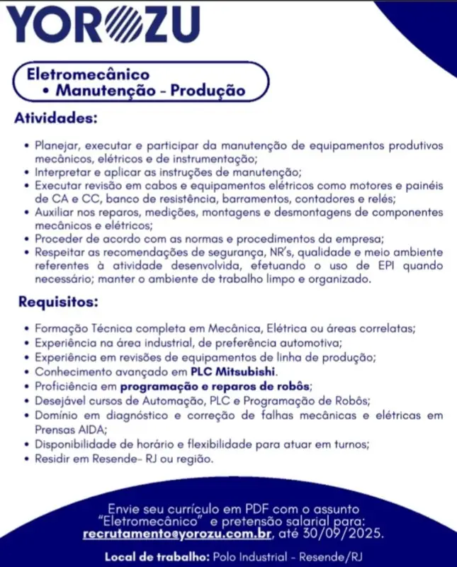 1 Vaga de emprego para Eletromecânico na empresa Yorozu em 11/09