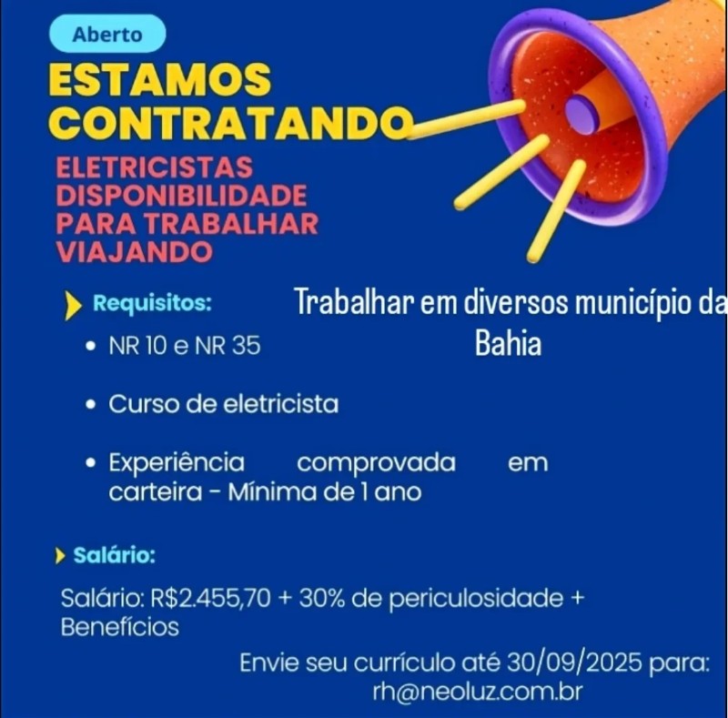 1 Vaga de emprego para Eletricista na empresa Neoluz em 18/09