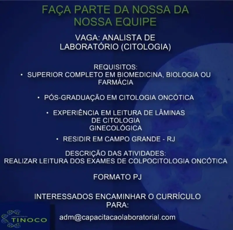 1 Vaga de emprego para Analista De Laboratório Citologia na empresa Capacitacao Laboratorial em 10/09