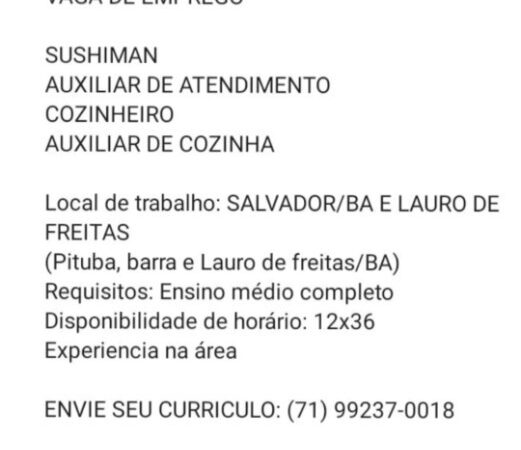 4 Vagas de emprego para Sushiman, Auxiliar De Atendimento, Cozinheiro, Auxiliar De Cozinha na Cidade Salvador em 10/09