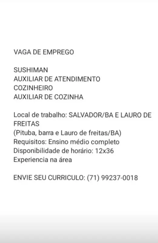 4 Vagas de emprego para Sushiman, Auxiliar De Atendimento, Cozinheiro, Auxiliar De Cozinha na Cidade Salvador em 10/09