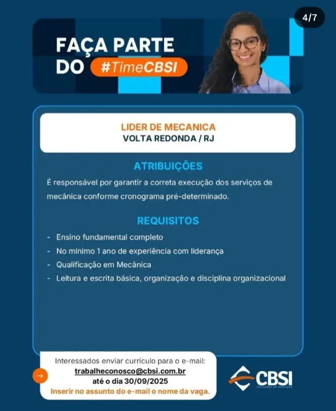 1 Vaga de emprego para Líder De Mecânica na empresa Cbsi em 09/09