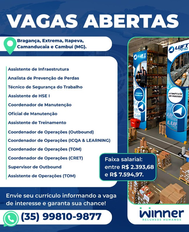 11 Vagas de emprego para Assistente De Infraestrutura, Analista De Prevenção De Perdas, Técnico De Segurança Do Trabalho, Assistente De Hse I, Coordenador De Manutenção, Oficial De Manutenção, Assistente De Treinamento, Coordenador De Operações De Outbound, Coordenador De Operações De Icqa E Learning, Coordenador De Operações De Tom, Coordenador De Operações De Cret, Supervisor De Outbound, Assistente De Operações De Tom na empresa Winner em 19/09
