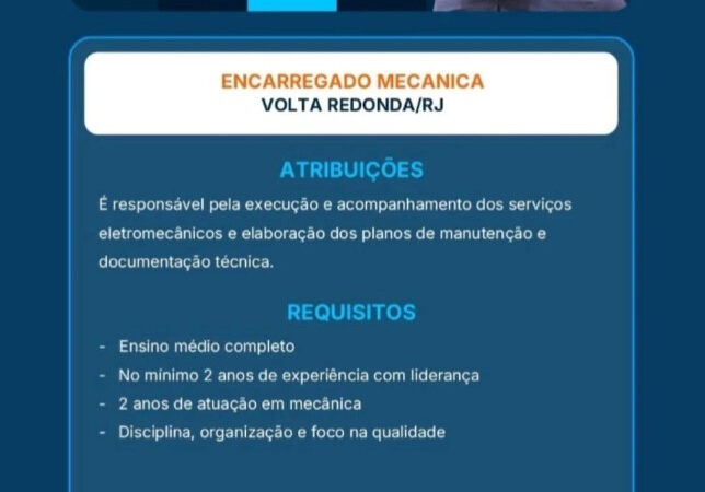 1 Vaga de emprego para Encarregado Mecânica na empresa Cbsi em 09/09
