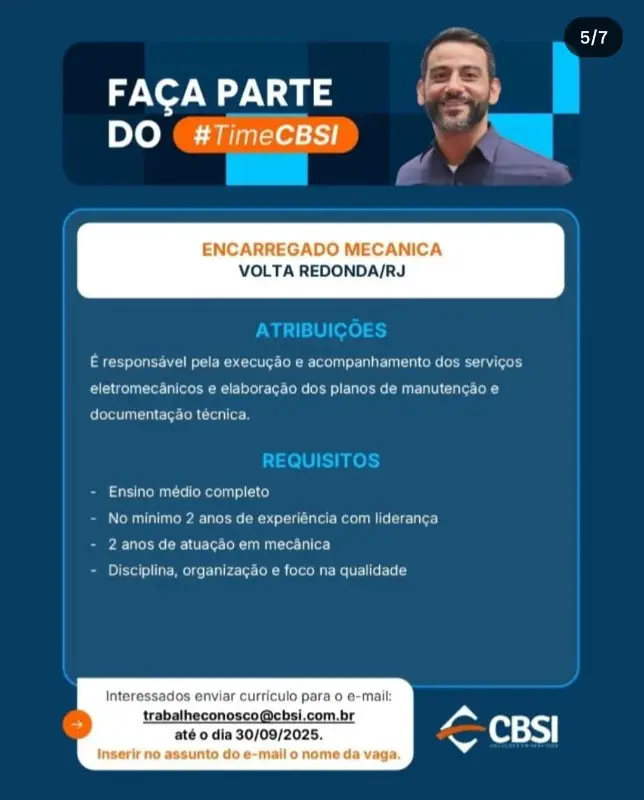 1 Vaga de emprego para Encarregado Mecânica na empresa Cbsi em 09/09