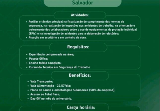 1 Vaga de emprego para Auxiliar Técnico Segurança Do Trabalho na empresa TXT Construção em 10/09