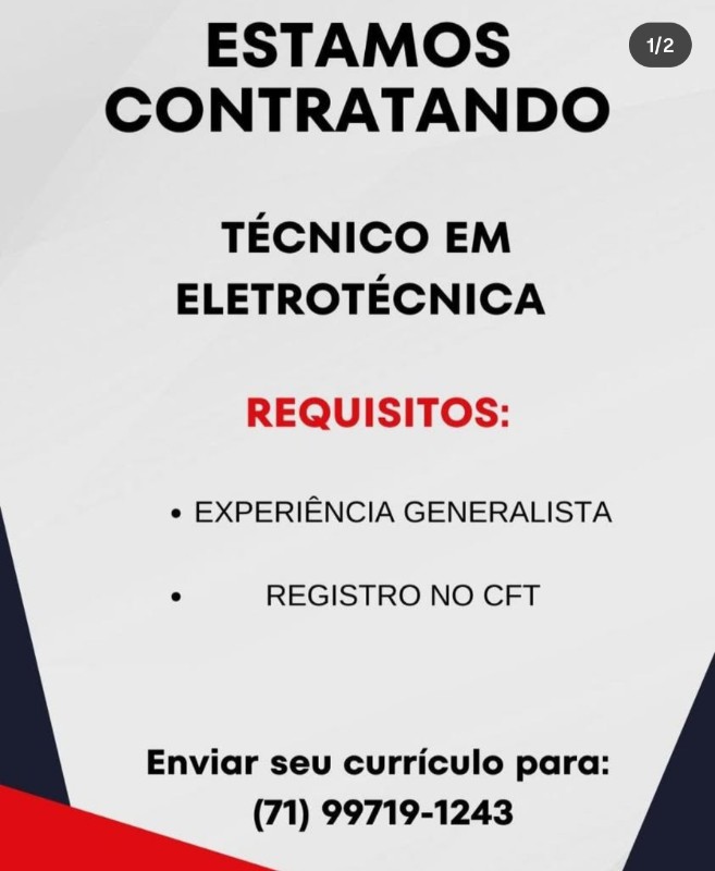 1 Vaga de emprego para Técnico De Eletrotécnica na Cidade Salvador em 19/09