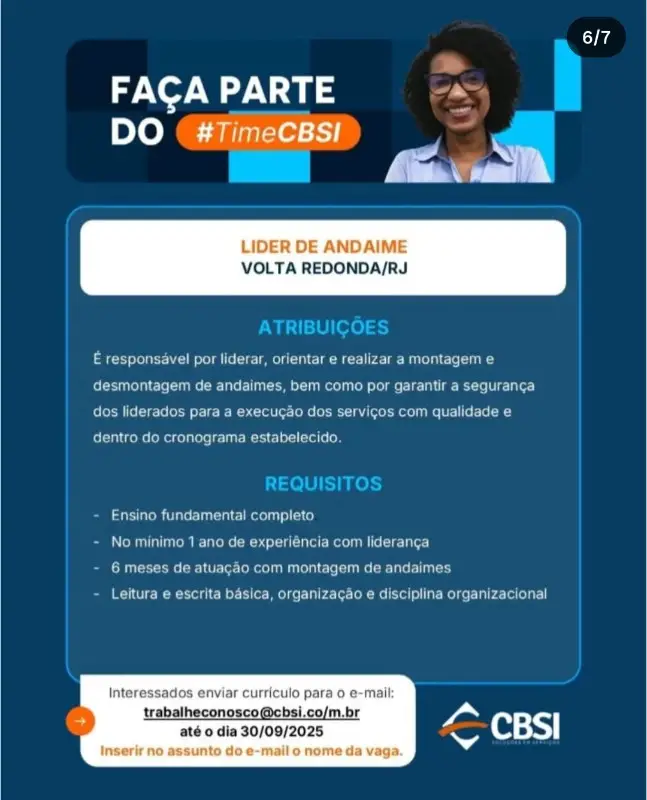 1 Vaga de emprego para Líder De Andaime na empresa Cbsi em 09/09
