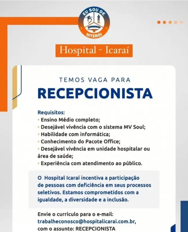 1 Vaga de emprego para Recepcionista na empresa Hospital Icaraí em 10/09