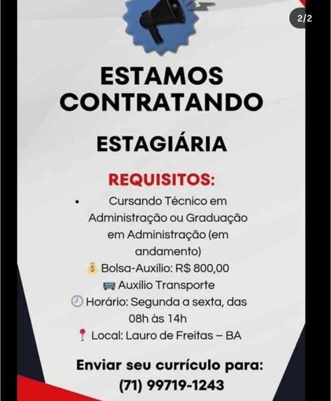 1 Vaga de emprego para Estagiária De Administração na Cidade Lauro de Freitas em 19/09
