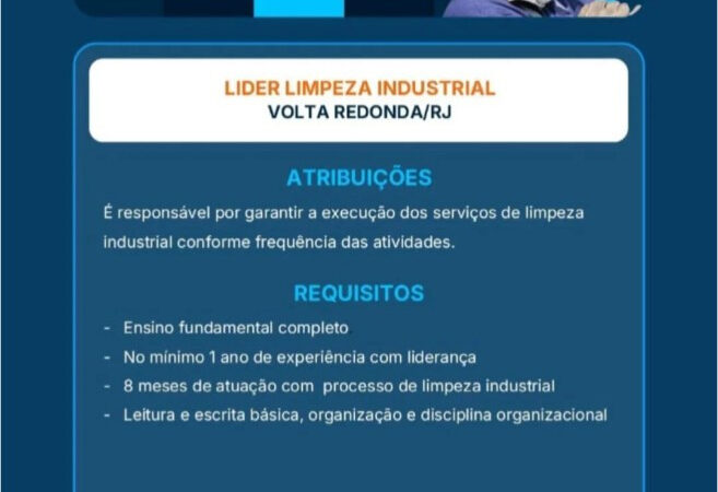 1 Vaga de emprego para Líder Limpeza Industrial na empresa Cbsi em 09/09