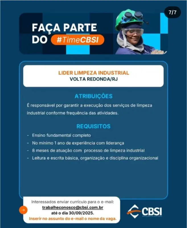 1 Vaga de emprego para Líder Limpeza Industrial na empresa Cbsi em 09/09