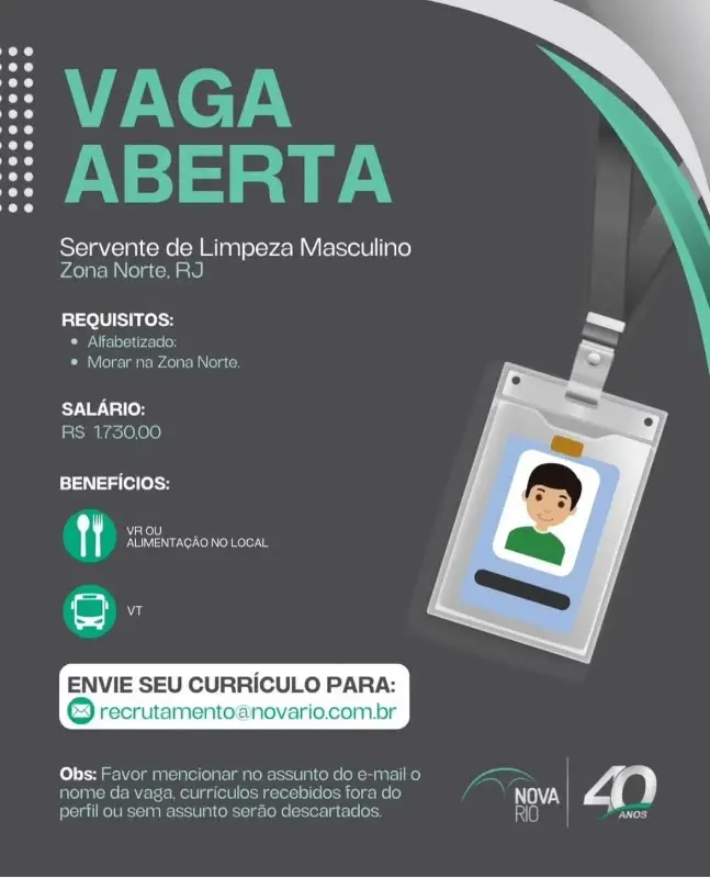 1 Vaga de emprego para Servente De Limpeza Masculino na empresa Nova Rio em 10/09