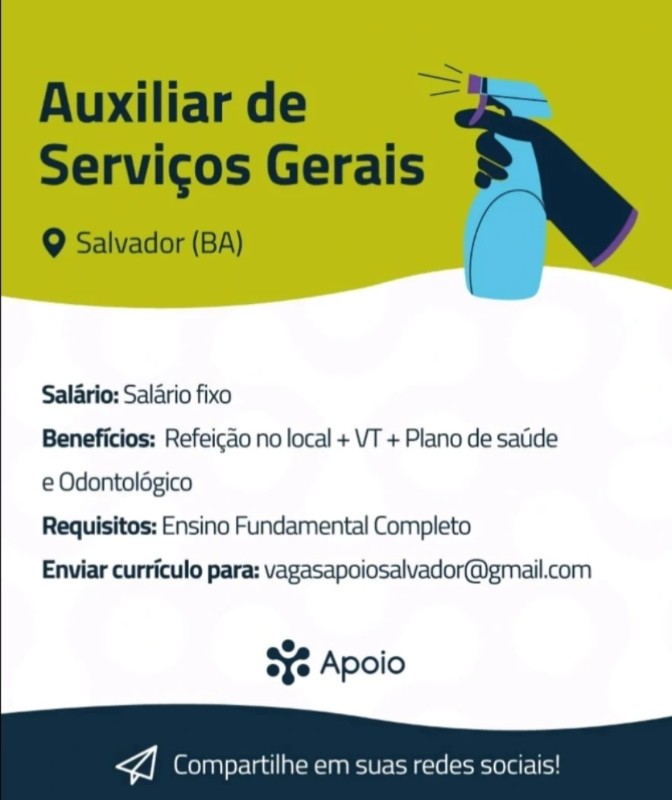 1 Vaga de emprego para Auxiliar De Serviços Gerais na empresa Apoio em 18/09