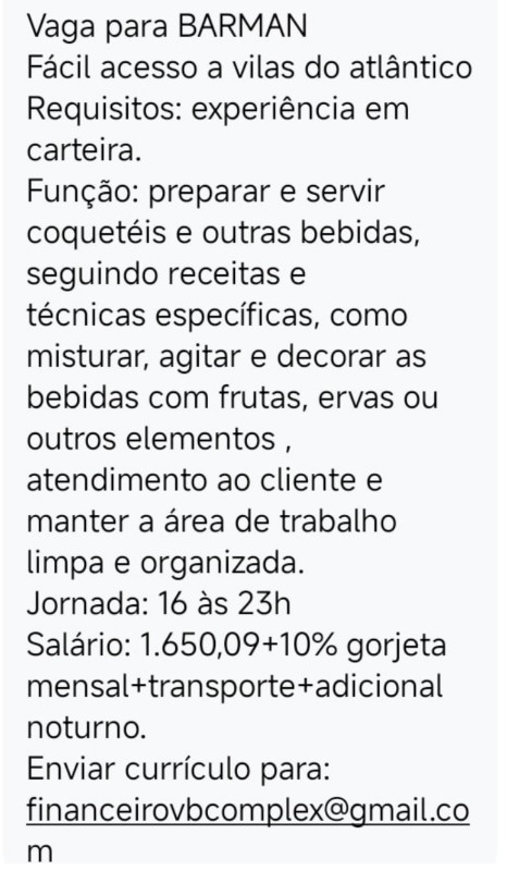 1 Vaga de emprego para Barman na empresa Villas do Atlântico em 19/09