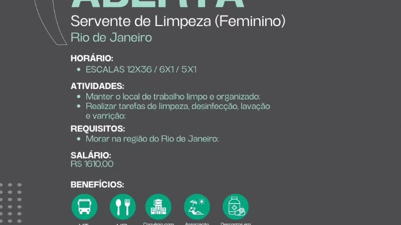 1 Vaga de emprego para Servente De Limpeza Feminino na empresa Nova Rio em 10/09