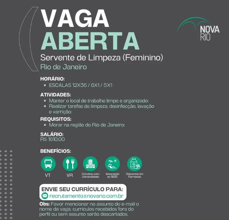 1 Vaga de emprego para Servente De Limpeza Feminino na empresa Nova Rio em 10/09