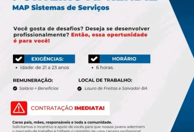 1 Vaga de emprego para Porteiro Aprendiz na empresa Grupo MAP em 10/09