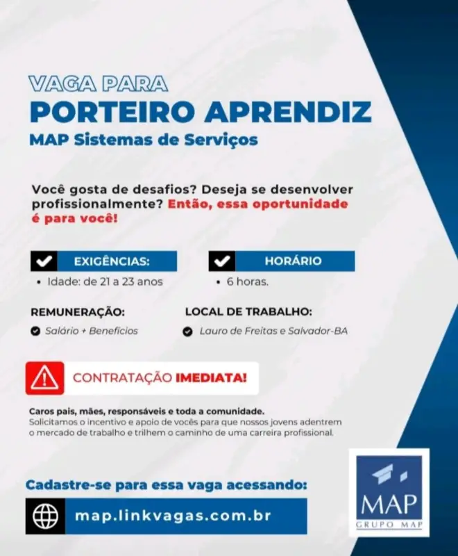 1 Vaga de emprego para Porteiro Aprendiz na empresa Grupo MAP em 10/09