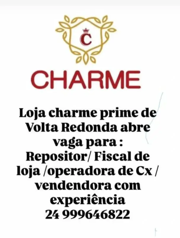 4 Vagas de emprego para Repositor, Fiscal De Loja, Operadora De Cx, Vendedora na empresa Charme em 11/09
