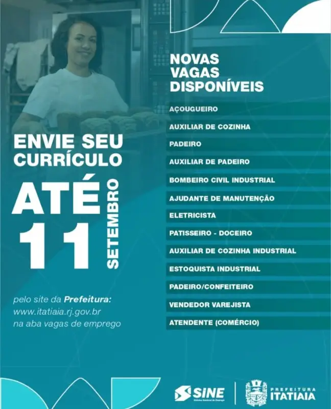 16 Vagas de emprego para Açougueiro, Auxiliar De Cozinha, Padeiro, Auxiliar De Padeiro, Bombeiro Civil Industrial, Ajudante De Manutenção, Eletricista, Patisseiro Doceiro, Auxiliar De Cozinha Industrial, Estoquista Industrial, Padeiro, Confeiteiro, Vendedor Varejista, Atendente Comércio na empresa SINE, Prefeitura de Itatiaia em 09/09