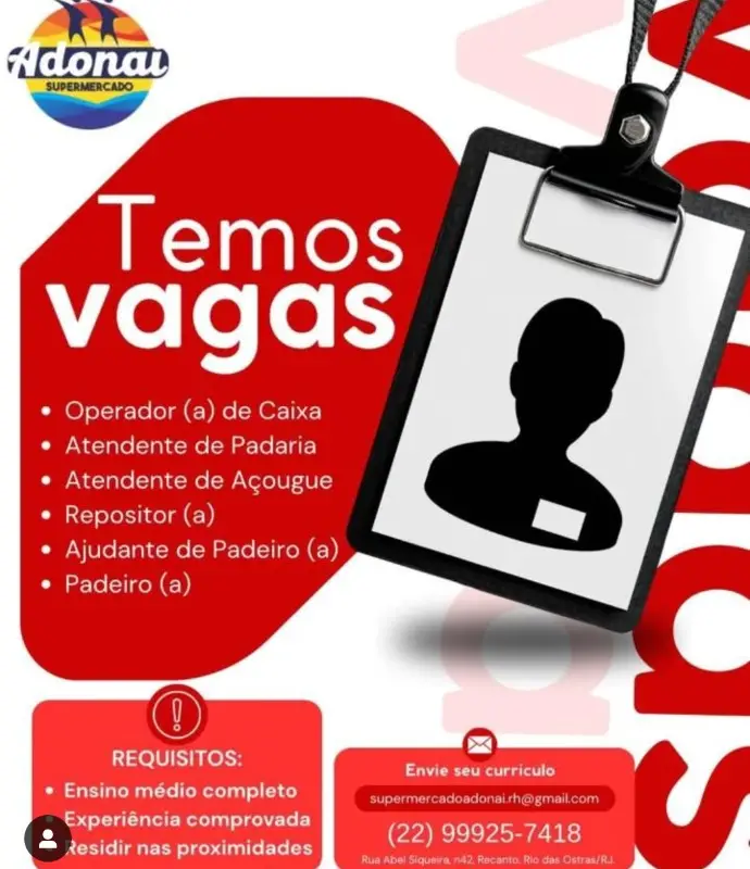 6 Vagas de emprego para Operador A De Caixa, Atendente De Padaria, Atendente De Açougue, Repositor A, Ajudante De Padeiro A, Padeiro A na empresa Adonai Supermercado em 10/09