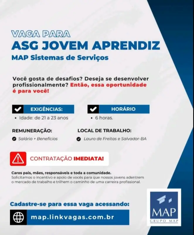 1 Vaga de emprego para Asg Jovem Aprendiz na empresa Grupo MAP em 10/09