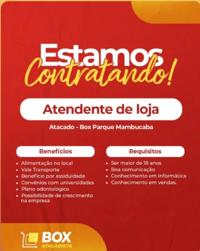1 Vaga de emprego para Atendente De Loja na empresa Box Atacadista em 10/09